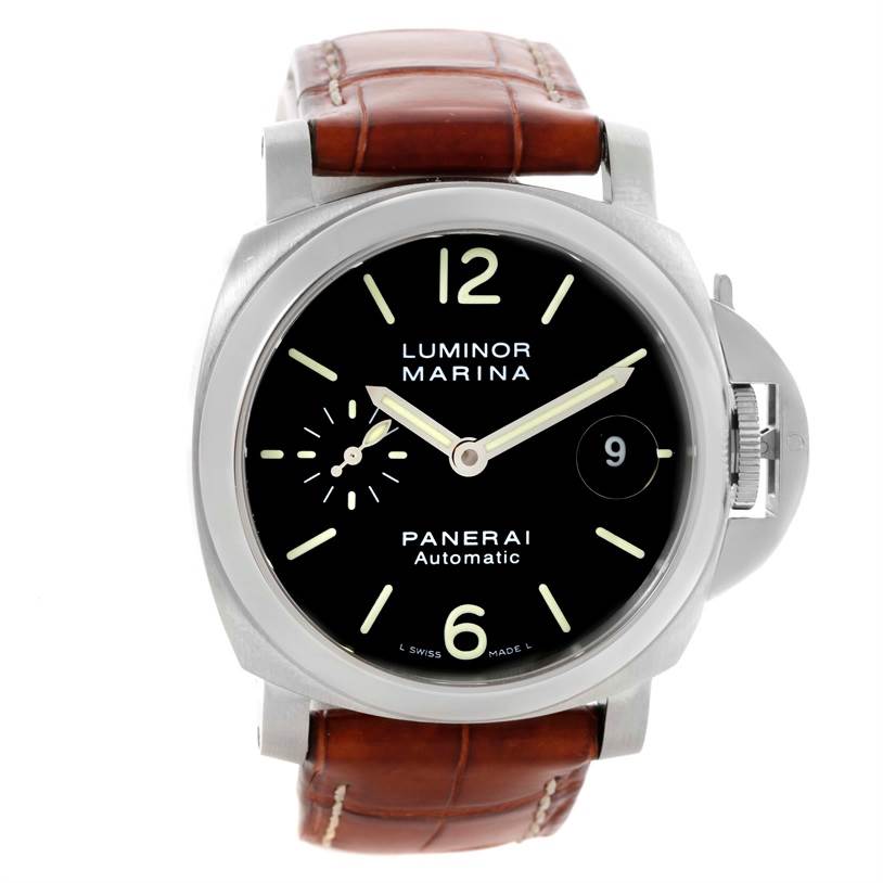 The image shows a front view of a Panerai Luminor PAM00048 Men's Stainless Steel Black Dial PAM00048 Men's Stainless Steel Black Dial Marina watch with a brown leather strap.