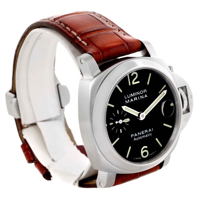 The image shows a Panerai Luminor PAM00048 Men's Stainless Steel Black Dial PAM00048 Men's Stainless Steel Black Dial Marina watch from a front-left angle, highlighting the dial and leather strap.