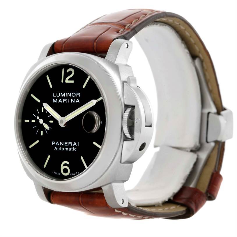 The Panerai Luminor PAM00048 Men's Stainless Steel Black Dial PAM00048 Men's Stainless Steel Black Dial watch is shown at a three-quarter angle, highlighting its black dial, crown guard, and leather strap.