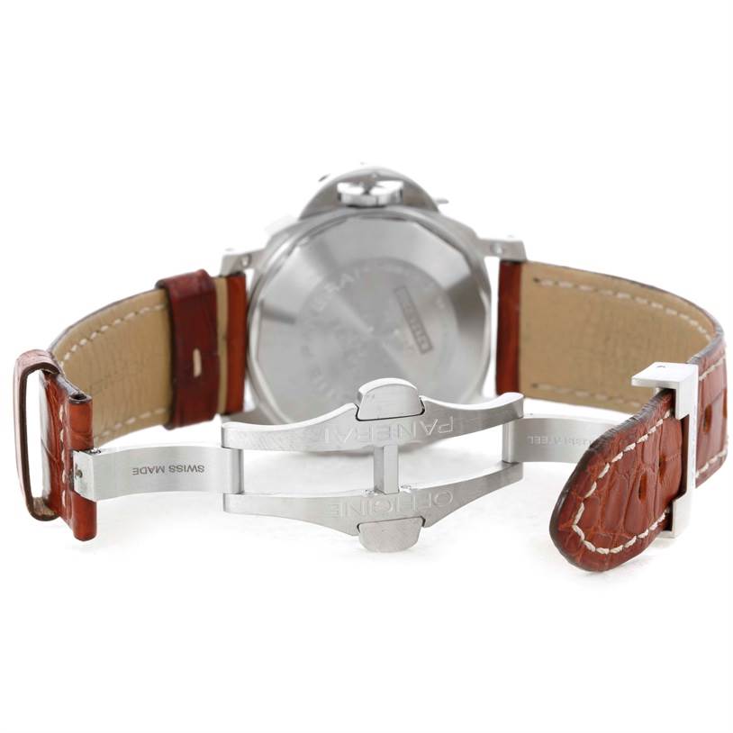 The image shows the Panerai Luminor PAM00048 Men's Stainless Steel Black Dial PAM00048 Men's Stainless Steel Black Dial watch from the back, highlighting the clasp and leather strap.