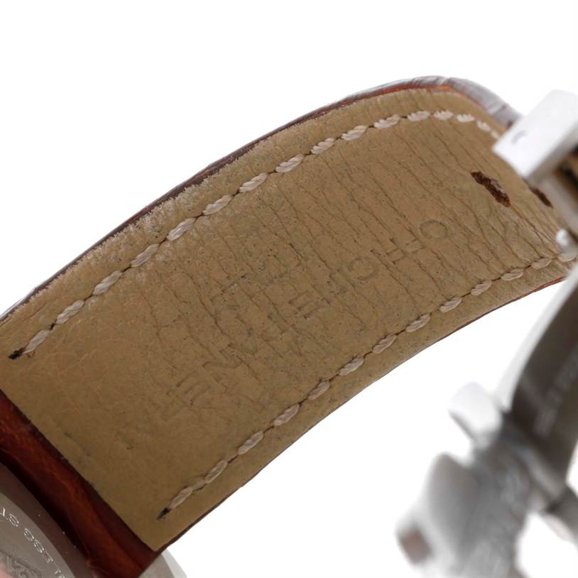 This image shows a close-up of the leather strap and part of the buckle of a Panerai Luminor PAM00048 Men's Stainless Steel Black Dial PAM00048 Men's Stainless Steel Black Dial watch from the underside.