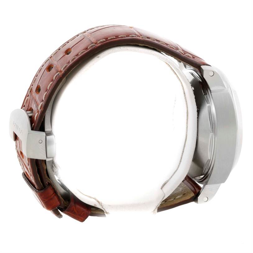 The image shows a side view of a Panerai Luminor PAM00048 Men's Stainless Steel Black Dial PAM00048 Men's Stainless Steel Black Dial watch, highlighting the bezel, case, and leather strap.