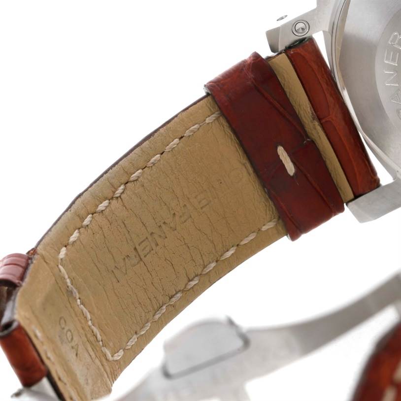 This image shows a close-up of the leather strap and backside of the Panerai Luminor PAM00048 Men's Stainless Steel Black Dial PAM00048 Men's Stainless Steel Black Dial watch with visible stitching detail.