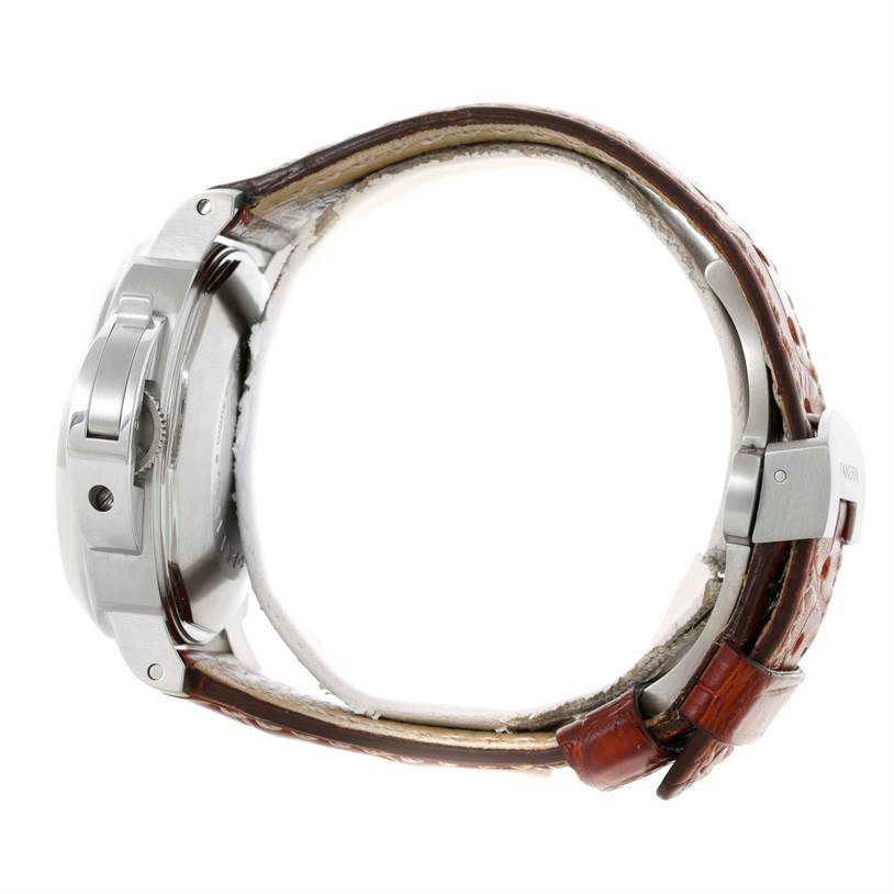 The image shows a side profile of a Panerai Luminor PAM00048 Men's Stainless Steel Black Dial PAM00048 Men's Stainless Steel Black Dial watch, highlighting its case and brown leather strap.