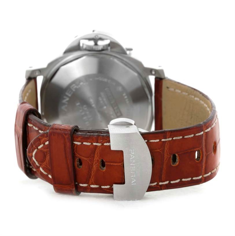 The image shows the back view of a Panerai Luminor PAM00048 Men's Stainless Steel Black Dial PAM00048 Men's Stainless Steel Black Dial watch, focusing on the leather strap and buckle.