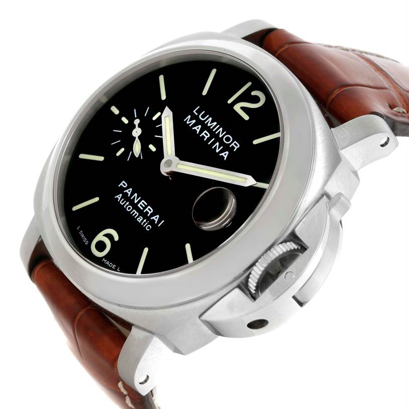 The image shows a Panerai Luminor PAM00048 Men's Stainless Steel Black Dial PAM00048 Men's Stainless Steel Black Dial watch with a tan leather strap, viewed from an angled perspective highlighting the dial and crown.