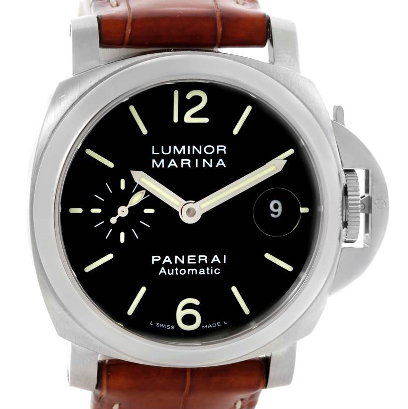 This image shows a front view of the Panerai Luminor PAM00048 Men's Stainless Steel Black Dial PAM00048 Men's Stainless Steel Black Dial Marina watch, highlighting its face, crown guard, and leather strap.
