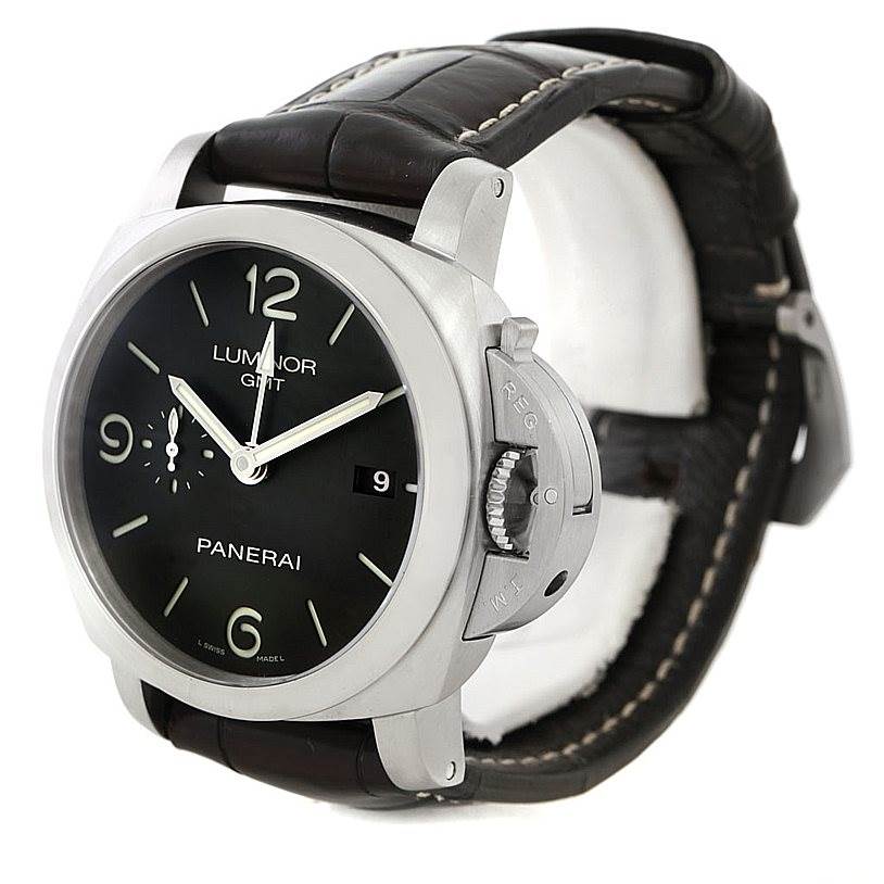 The image shows a Panerai Luminor PAM00320 Men's Stainless Steel Black Dial PAM00320 Men's Stainless Steel Black Dial watch angled from the front-right, highlighting its dial, crown guard, and leather strap.