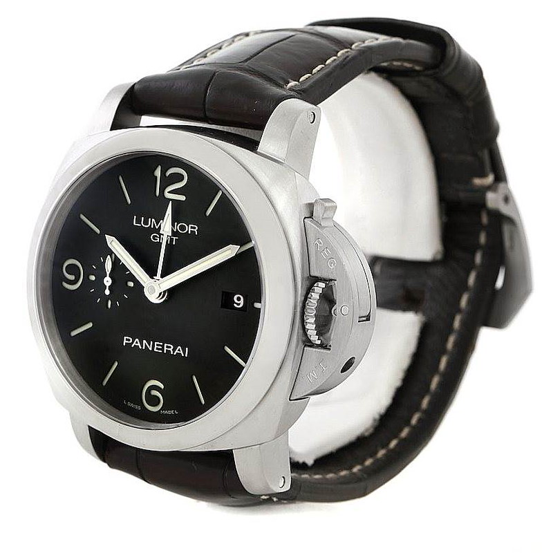 The image shows a Panerai Luminor PAM00320 Men's Stainless Steel Black Dial PAM00320 Men's Stainless Steel Black Dial watch angled from the front-right, highlighting its dial, crown guard, and leather strap.