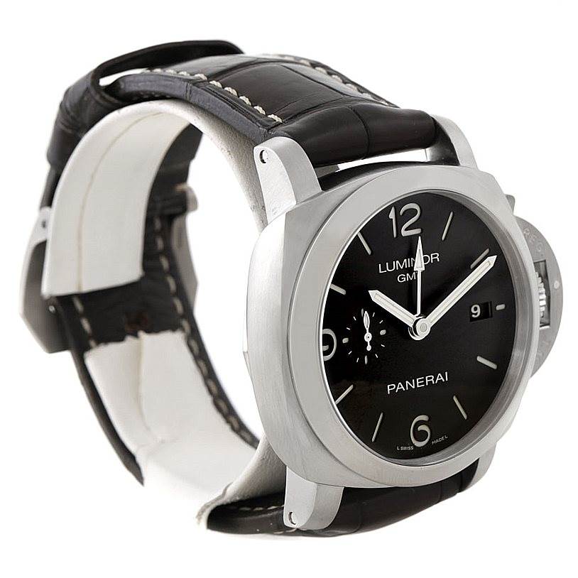 The image shows a side angle of the Panerai Luminor PAM00320 Men's Stainless Steel Black Dial PAM00320 Men's Stainless Steel Black Dial GMT watch, highlighting the face, bezel, and black leather strap.