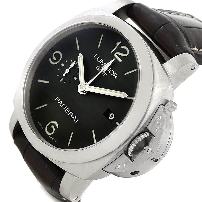The image shows a front angle of a Panerai Luminor PAM00320 Men's Stainless Steel Black Dial PAM00320 Men's Stainless Steel Black Dial watch with a leather strap, crown guard, and a black dial featuring date display and luminescent hands.