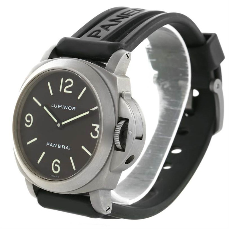 The image shows a side-angle view of a Panerai Luminor PAM00055 Men's Titanium Black Dial PAM00055 Men's Titanium Black Dial watch, highlighting the face, bezel, crown guard, and rubber strap.