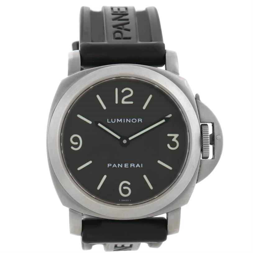 The image shows a frontal view of a Panerai Luminor PAM00055 Men's Titanium Black Dial PAM00055 Men's Titanium Black Dial watch, featuring its dial, bezel, and rubber strap.
