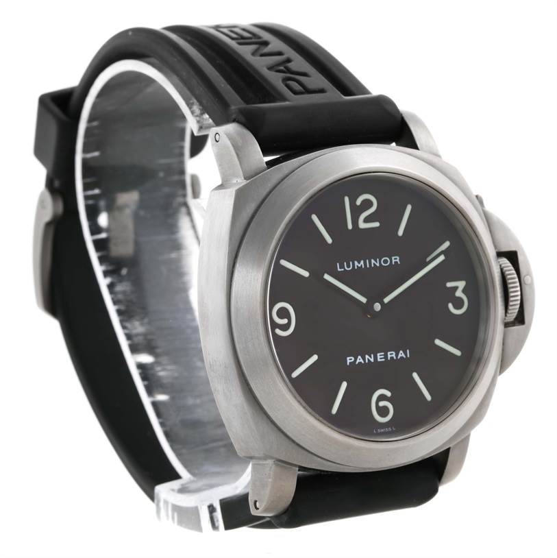 This image shows a Panerai Luminor PAM00055 Men's Titanium Black Dial PAM00055 Men's Titanium Black Dial watch at a slight angle, highlighting the watch face, case, and black strap.