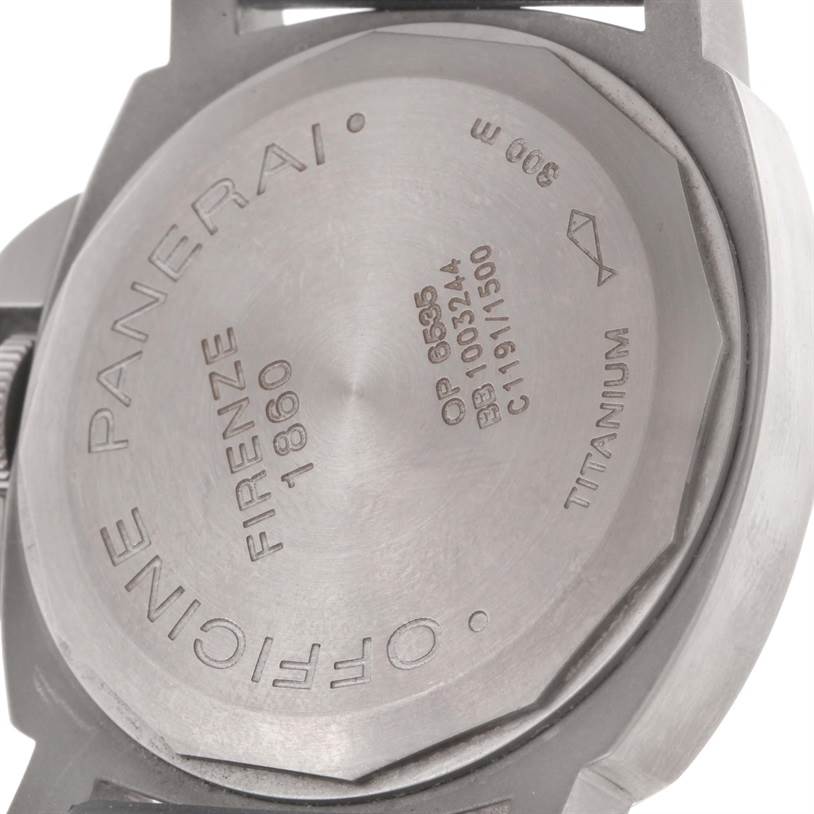 The image shows the back case of a Panerai Luminor PAM00055 Men's Titanium Black Dial PAM00055 Men's Titanium Black Dial watch, highlighting model details and material in an angled view.