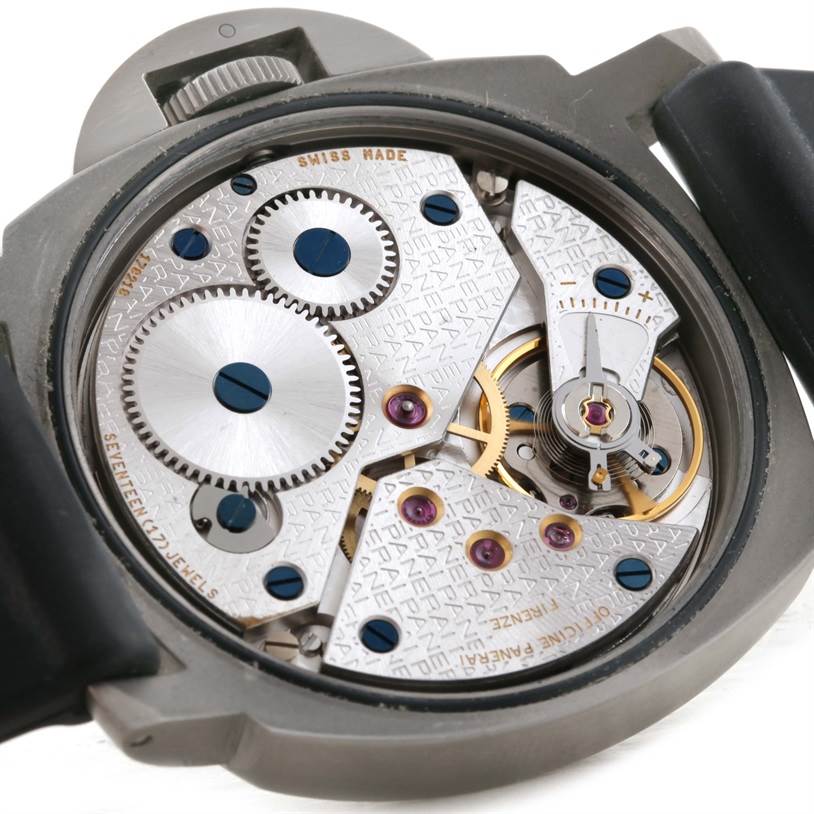 This image shows the back view of a Panerai Luminor PAM00055 Men's Titanium Black Dial PAM00055 Men's Titanium Black Dial watch, highlighting its intricate mechanical movement.