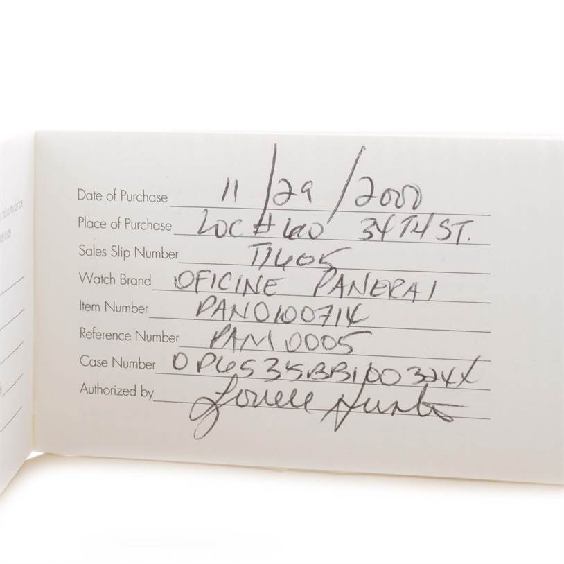 The image shows a warranty card for a Luminor model watch by Panerai, displaying purchase details and reference numbers.