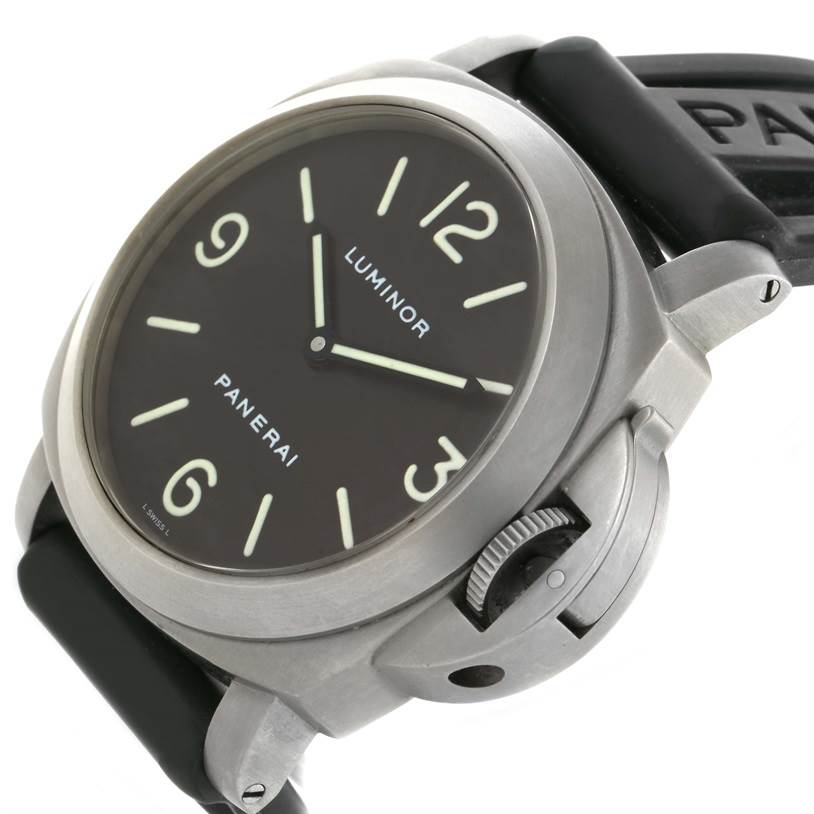 This image shows the Panerai Luminor PAM00055 Men's Titanium Black Dial PAM00055 Men's Titanium Black Dial watch at an angled close-up, displaying its dial, crown guard, and rubber strap.