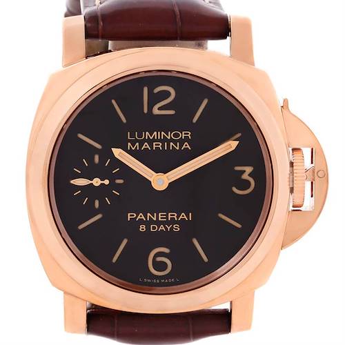 This image shows a front view of the Panerai Luminor PAM00511 Men's Rose Gold Brown Dial PAM00511 Men's Rose Gold Brown Dial Marina watch, highlighting its dial, hands, and crown guard.