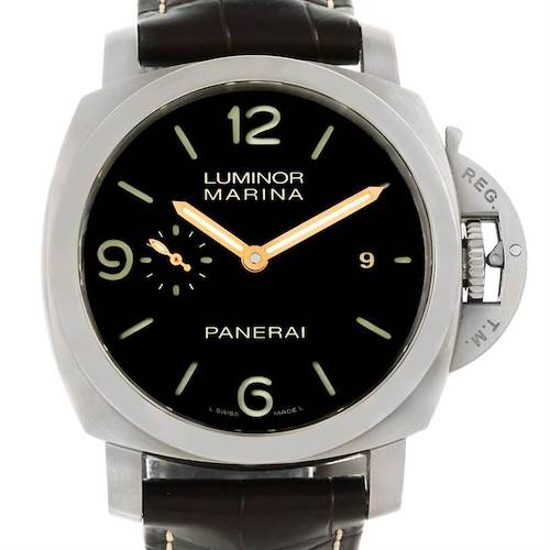 The image shows a front view of a Panerai Luminor PAM00351 Men's Titanium Brown Dial PAM00351 Men's Titanium Brown Dial Marina watch, featuring its black dial, numerals, and a crown guard.