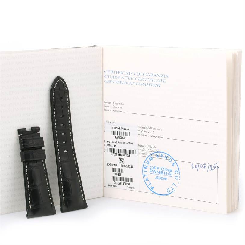 The image shows a pair of black leather watch straps for a Panerai Radiomir PAM00516 Men's Stainless Steel Black Dial PAM00516 Men's Stainless Steel Black Dial, alongside its guarantee certificate.