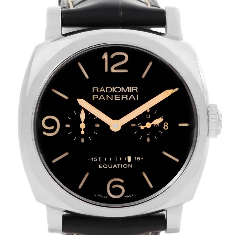 The image shows a front view of a Panerai Radiomir PAM00516 Men's Stainless Steel Black Dial PAM00516 Men's Stainless Steel Black Dial watch, displaying the dial, hands, crown, and part of the strap.