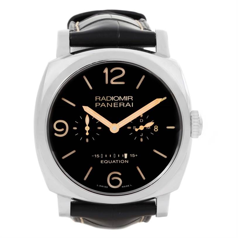 This image shows a front view of a Panerai Radiomir PAM00516 Men's Stainless Steel Black Dial PAM00516 Men's Stainless Steel Black Dial watch, highlighting the dial, hands, and crown.