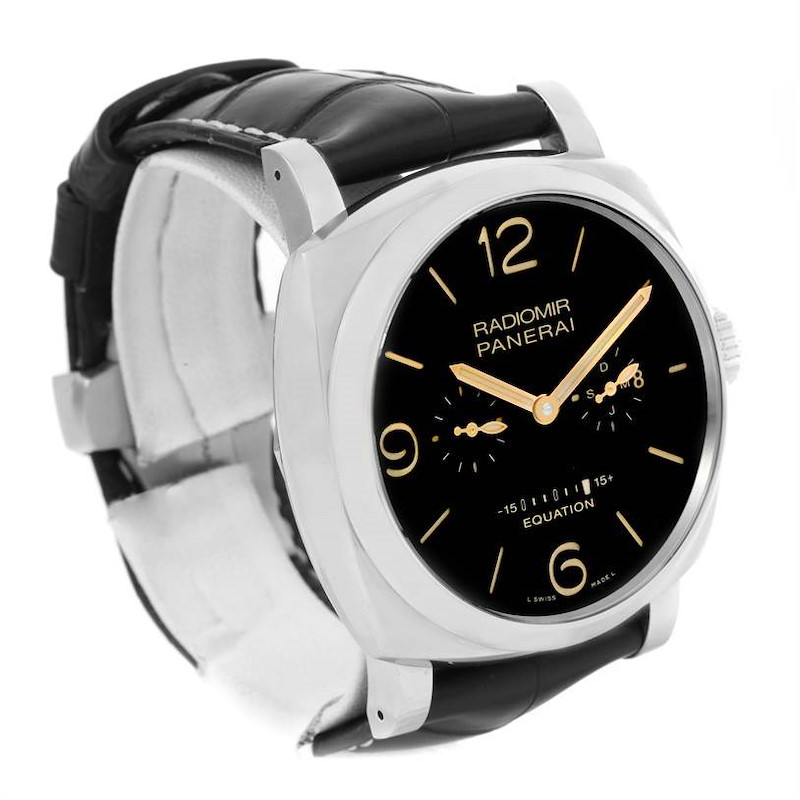 This image shows a Panerai Radiomir PAM00516 Men's Stainless Steel Black Dial PAM00516 Men's Stainless Steel Black Dial watch at a front-angle view, highlighting the face, strap, case, and crown.