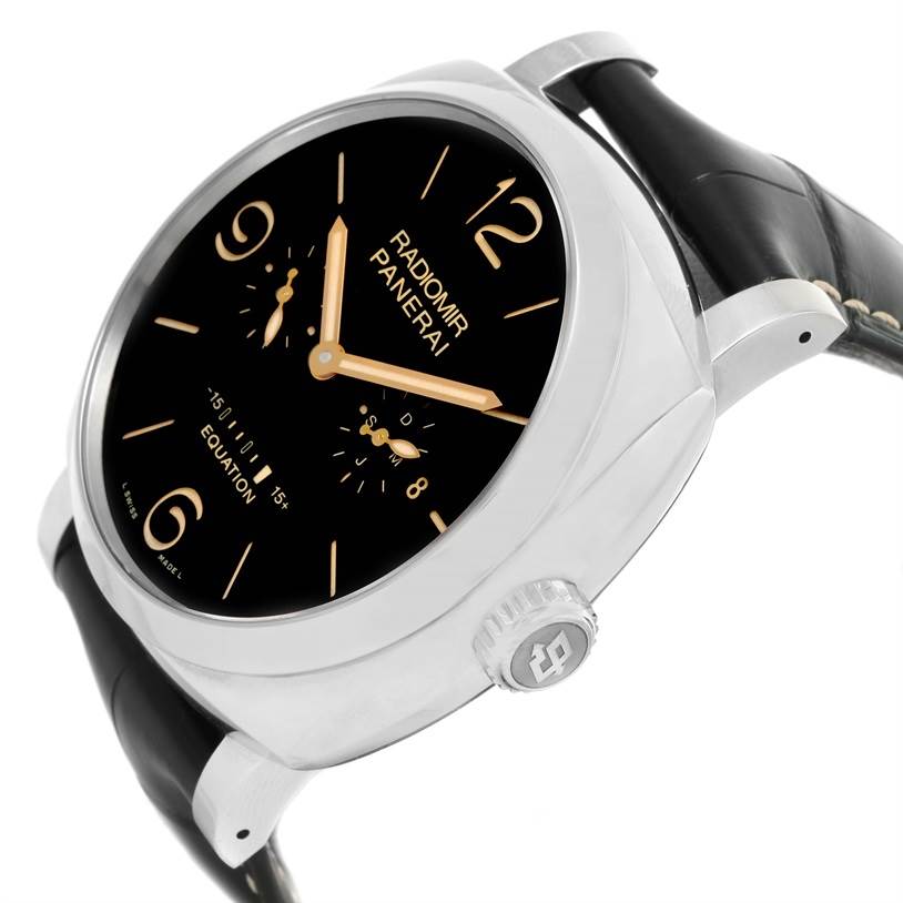 The image shows a Panerai Radiomir PAM00516 Men's Stainless Steel Black Dial PAM00516 Men's Stainless Steel Black Dial watch at an angled view highlighting the dial, case, crown, and part of the leather strap.