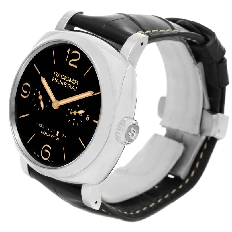 The Panerai Radiomir PAM00516 Men's Stainless Steel Black Dial PAM00516 Men's Stainless Steel Black Dial watch is shown at a three-quarter angle, displaying its face, crown, lugs, and strap.