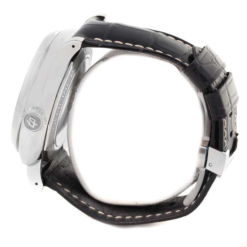 The image shows a side angle of the Panerai Radiomir PAM00516 Men's Stainless Steel Black Dial PAM00516 Men's Stainless Steel Black Dial watch, highlighting the case, crown, and black leather strap.