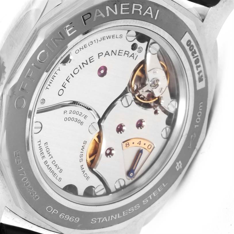 This image shows the back view of a Panerai Radiomir PAM00516 Men's Stainless Steel Black Dial PAM00516 Men's Stainless Steel Black Dial watch, highlighting the movement and inner workings.