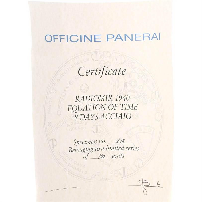 The image shows a certificate for a Panerai Radiomir PAM00516 Men's Stainless Steel Black Dial PAM00516 Men's Stainless Steel Black Dial 1940 Equation of Time 8 Days Acciaio watch.
