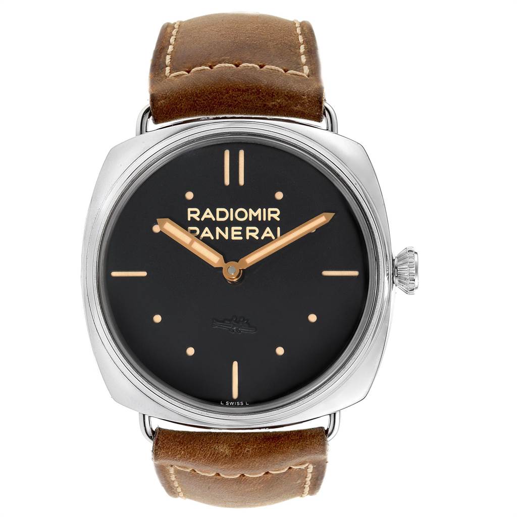 The image shows a front view of a Panerai Radiomir PAM00425 Men's Stainless Steel Black Dial PAM00425 Men's Stainless Steel Black Dial watch with a brown leather strap.