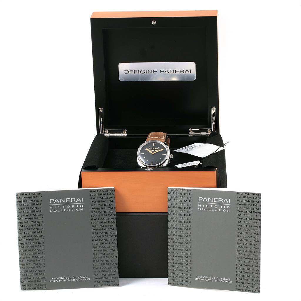 The Panerai Radiomir PAM00425 Men's Stainless Steel Black Dial PAM00425 Men's Stainless Steel Black Dial watch is displayed at a front angle inside its open box, with manuals positioned in front.