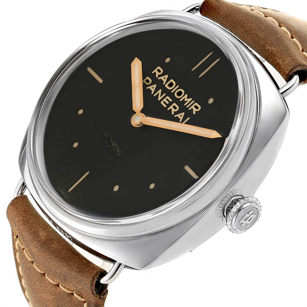 This image shows the Panerai Radiomir PAM00425 Men's Stainless Steel Black Dial PAM00425 Men's Stainless Steel Black Dial watch at an angled side view highlighting the dial, crown, and leather strap.
