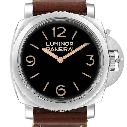 The image shows a front view of a Panerai Luminor PAM00372 Men's Stainless Steel Black Dial PAM00372 Men's Stainless Steel Black Dial watch, highlighting the dial, hands, and crown bridge lever.