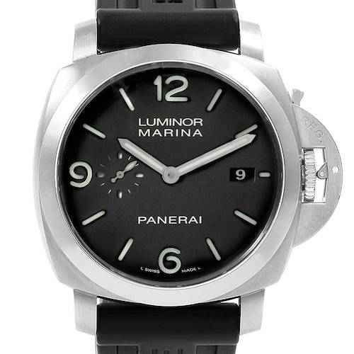 The image shows a front view of the Panerai Luminor PAM00312 Men's Stainless Steel Black Dial PAM00312 Men's Stainless Steel Black Dial watch, displaying its face, bezel, crown guard, and strap.