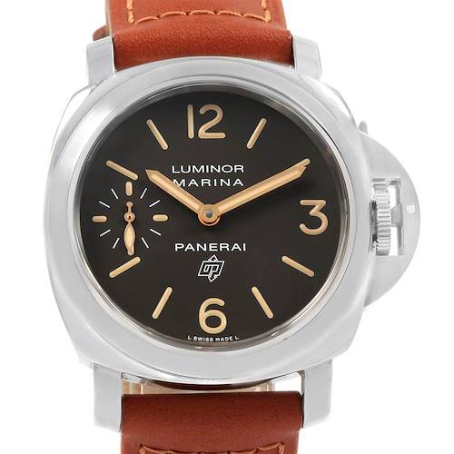 This image shows a front view of a Panerai Luminor PAM00632 Men's Stainless Steel Brown Dial PAM00632 Men's Stainless Steel Brown Dial watch displaying the face, crown guard, and part of the leather strap.