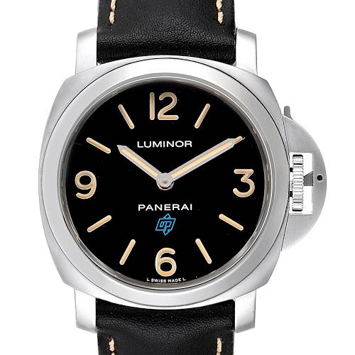 The image shows a front view of the Panerai Luminor PAM00634 Men's Stainless Steel Black Dial PAM00634 Men's Stainless Steel Black Dial watch, featuring its black dial, luminous markers, and crown protector.