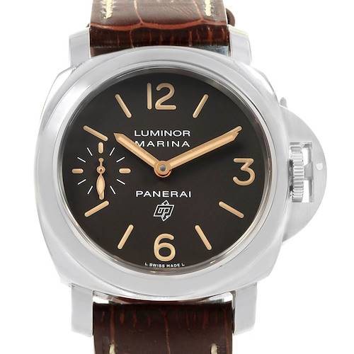 This image shows a frontal view of a Panerai Luminor PAM00632 Men's Stainless Steel Brown Dial PAM00632 Men's Stainless Steel Brown Dial Marina watch with a brown leather strap and a black dial.