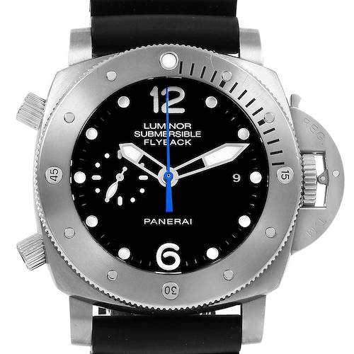 The image shows a front view of the Panerai Luminor Submersible Flyback watch, displaying its dial, bezel, and part of the strap.