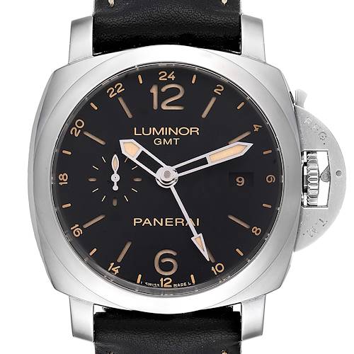 This image shows a front view of the Panerai Luminor PAM00531 Men's Stainless Steel Black Dial PAM00531 Men's Stainless Steel Black Dial GMT watch, highlighting the dial, hands, crown, and a portion of the leather strap.