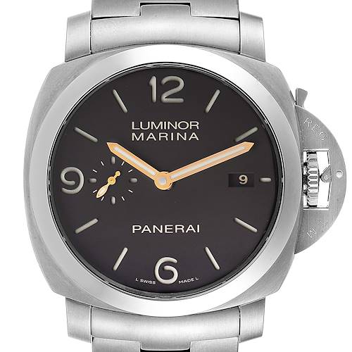 The image shows a front view of a Panerai Luminor PAM00352 Men's Titanium Brown Dial PAM00352 Men's Titanium Brown Dial Marina watch, including the dial, hands, date window, and crown guard.