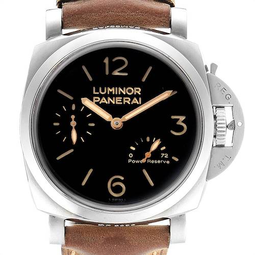 This image shows a Panerai Luminor PAM00423 Men's Stainless Steel Black Dial PAM00423 Men's Stainless Steel Black Dial watch from a front view, highlighting its dial, hands, crown guard, and leather strap.