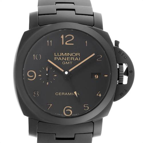 The image shows a front view of the Panerai Luminor PAM00438 Men's Stainless Steel Black Dial PAM00438 Men's Stainless Steel Black Dial watch, highlighting its dial, case, and right-side crown guard.