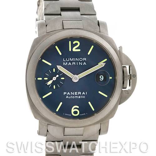 This image shows a front view of the Panerai Luminor PAM283 OR PAM 283 OR PAM 00283 Men's Titanium Blue Dial PAM283 OR PAM 283 OR PAM 00283 Men's Titanium Blue Dial model watch, displaying its dial, bracelet, and crown guard.