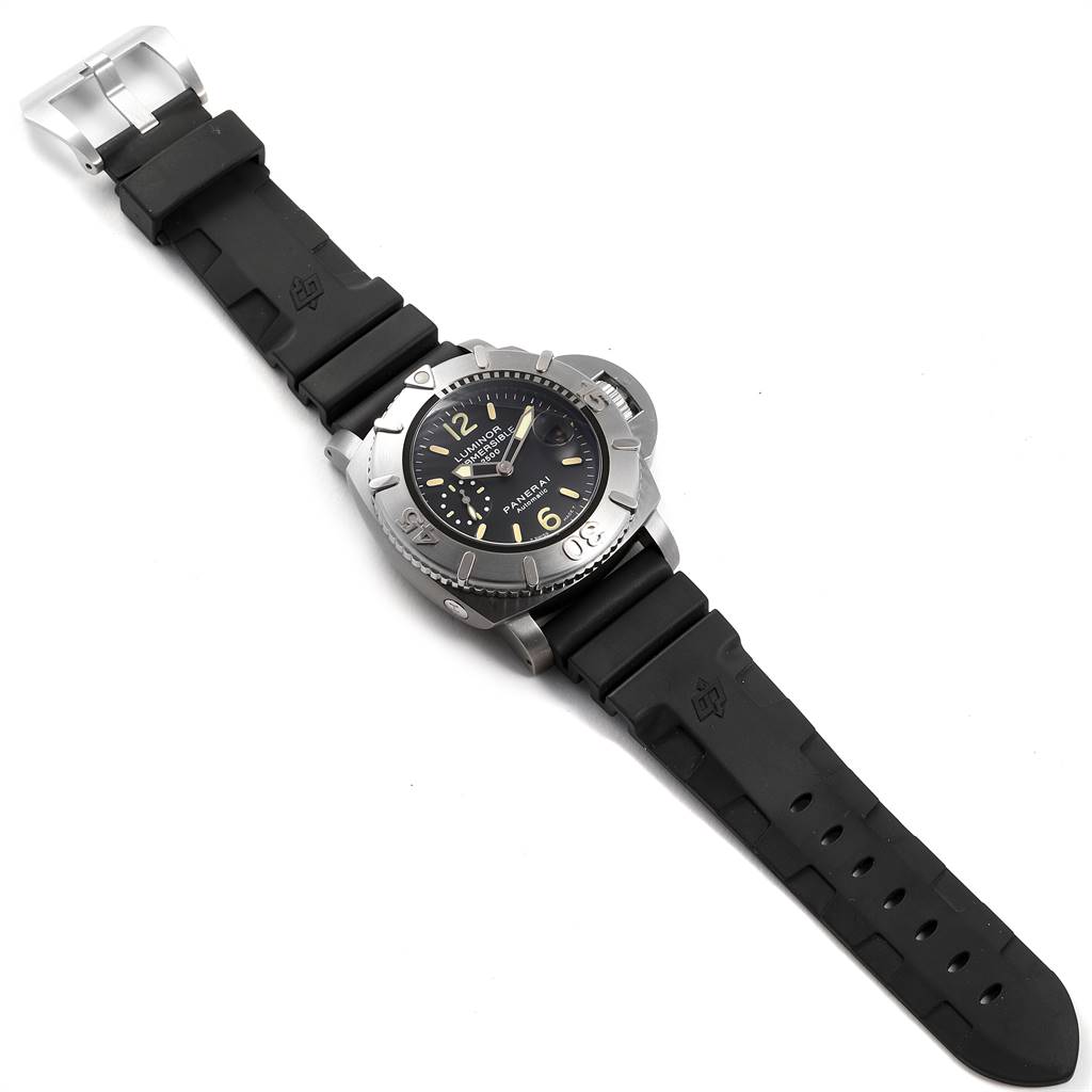 The image shows a Panerai Submersible PAM00194 Men's Titanium Black Dial PAM00194 Men's Titanium Black Dial watch laid flat, displaying its face, bezel, and black rubber strap.