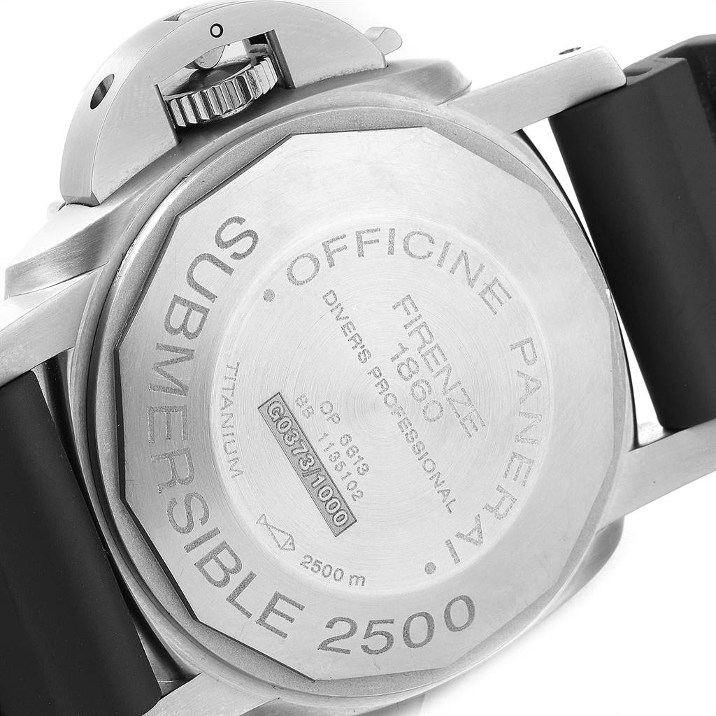 The image shows the case back of a Panerai Submersible PAM00194 Men's Titanium Black Dial PAM00194 Men's Titanium Black Dial watch, highlighting the watch's engravings and details.