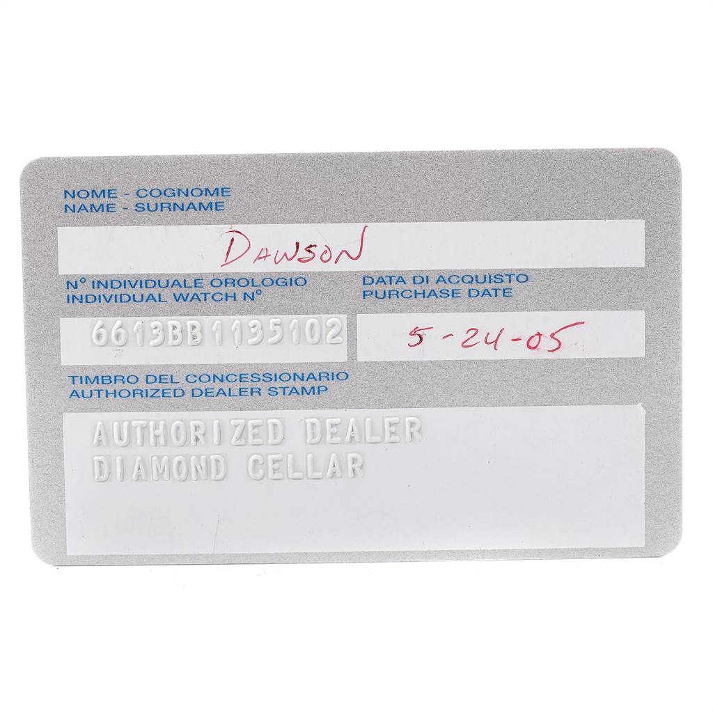 This image shows the warranty card for a Panerai Submersible PAM00194 Men's Titanium Black Dial PAM00194 Men's Titanium Black Dial watch, including dealer information and purchase date.